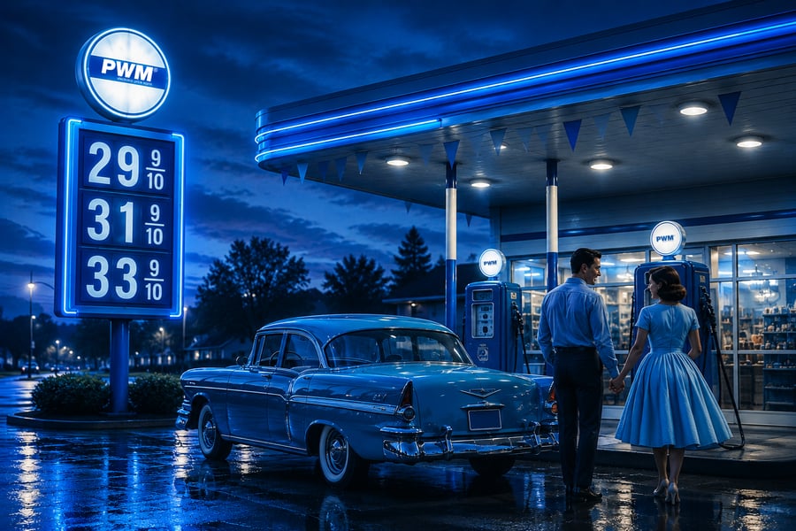 A vintage car and a couple holding hands at a neon-lit 1950s-style gas station featuring a glowing PWM electronic price sign.