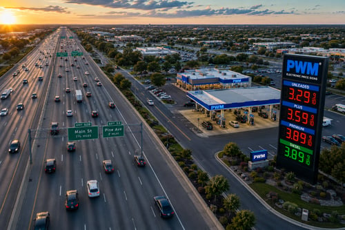 Bird's-eye view of a busy multi-lane highway next to a PWM-branded gas station featuring a large LED electronic fuel price sign. Heavy traffic passes the highly visible digital gas prices, illustrating gas price sign visibility and curb appeal at sunset.