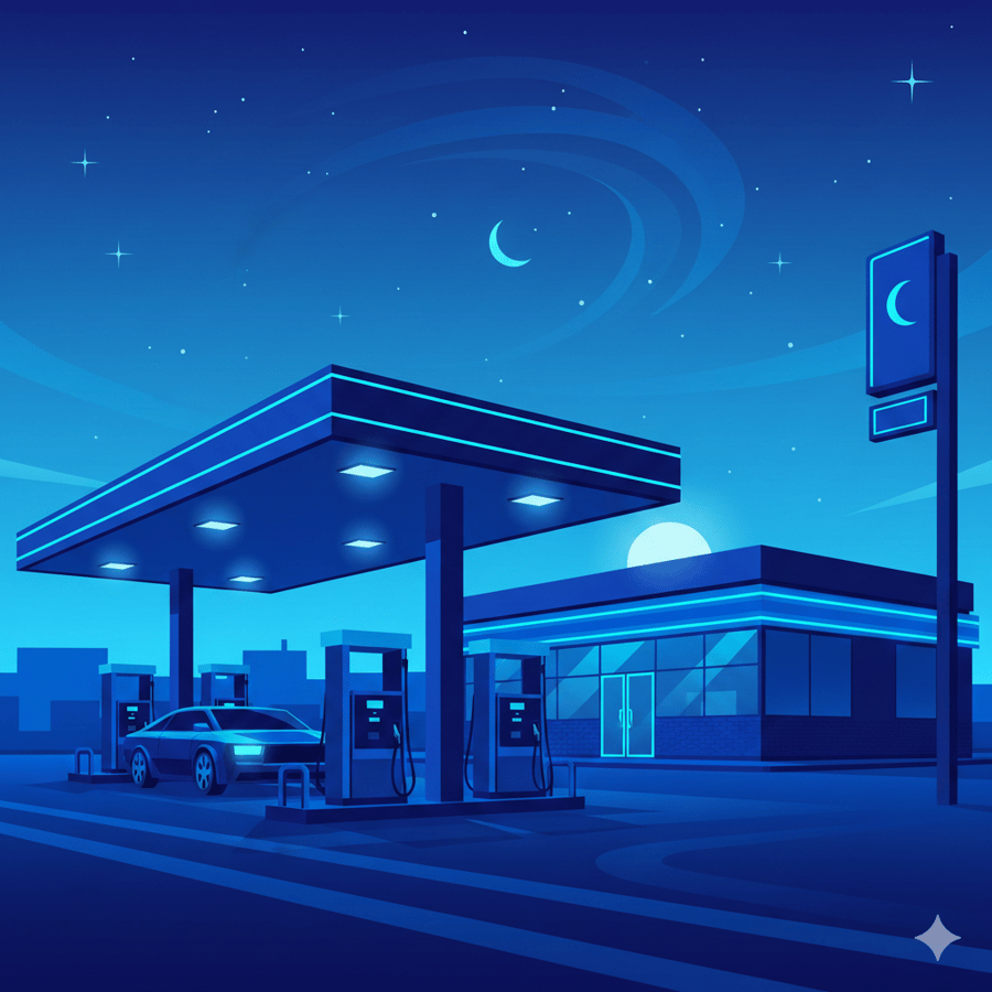 Illustration of gas station at night time