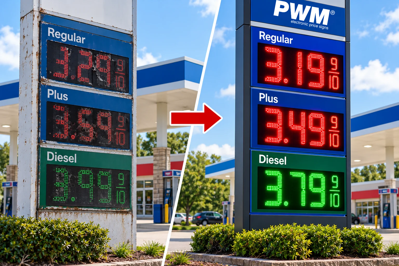 Side-by-side comparison of an old, faded gas station LED price sign and a modern PWM electronic gas price sign with bright, clear digits, highlighting the benefits of upgrading gas station signage.