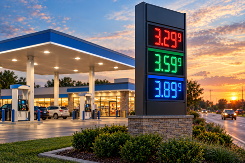 Electronic fuel price sign displaying gas prices outside a modern gas station at sunset.