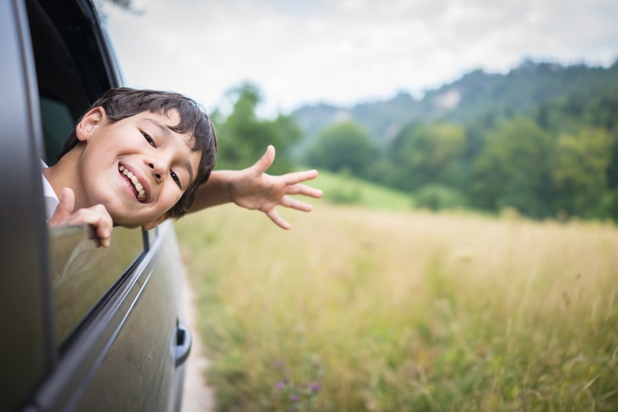 boy leaning his head out of the car window