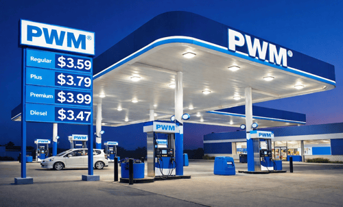 PWM gas station at dusk. 