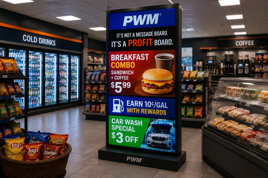 PWM digital Profit Board displaying in-store promotions, fuel rewards, and car wash offers inside a modern convenience store.
