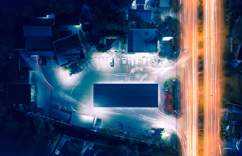 Aerial view of gas station at night