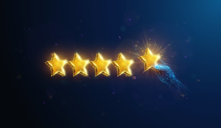 illustration of low poly hand giving five gold stars review